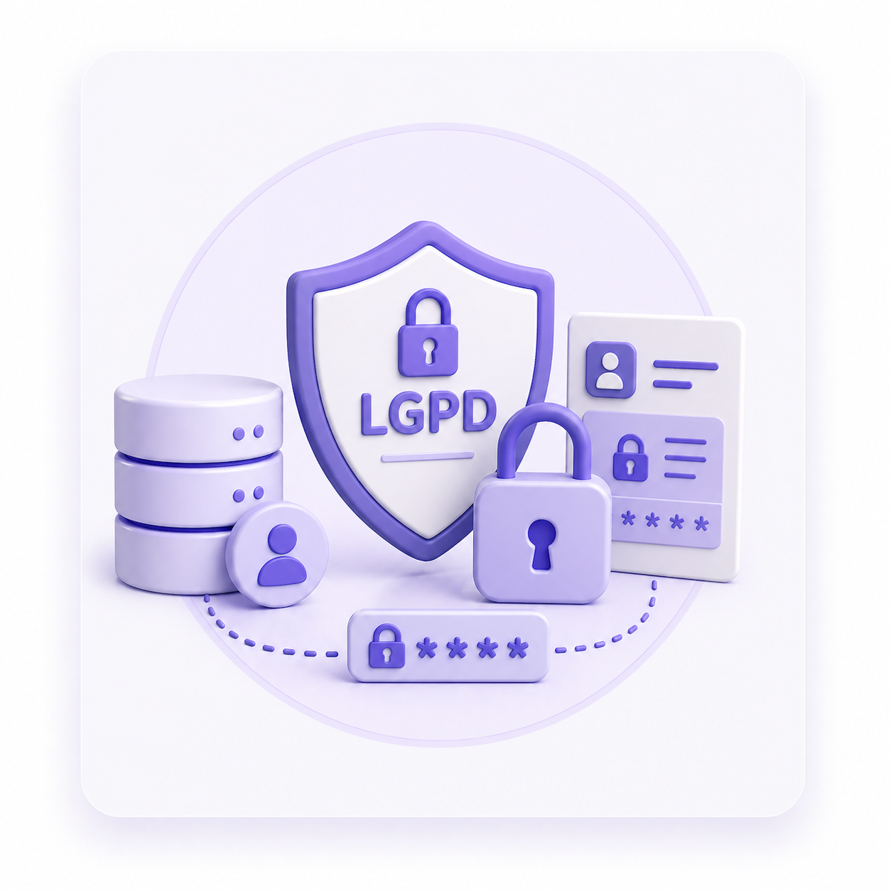 Ilustração 3D de LGPD com escudo, banco de dados e cadeados